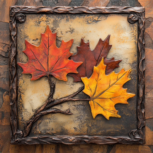 The 10 x 10 Fall Maple Leaves Sign (TTE-288) showcases three textured maple leaves—red, brown, and yellow—on branches with a rustic border and earth-toned background, making it perfect for cozy autumn décor.