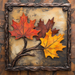 The 10 x 10 Fall Maple Leaves Sign (TTE-288) showcases three textured maple leaves—red, brown, and yellow—on branches with a rustic border and earth-toned background, making it perfect for cozy autumn décor.
