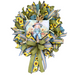 The Fall Denim Scarecrow Completed Wreath features sunflower-patterned ribbons, bows, and a central sign with a cheerful scarecrow, sunflowers, and a blue sky. Shipping is included.