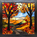The 10 x 10 Fall Trees Stained Glass Window Sign (TTE-053) depicts an autumn scene with red and orange leaves framing a winding path through rolling hills beneath a blue sky, capturing the warmth and richness of fall.