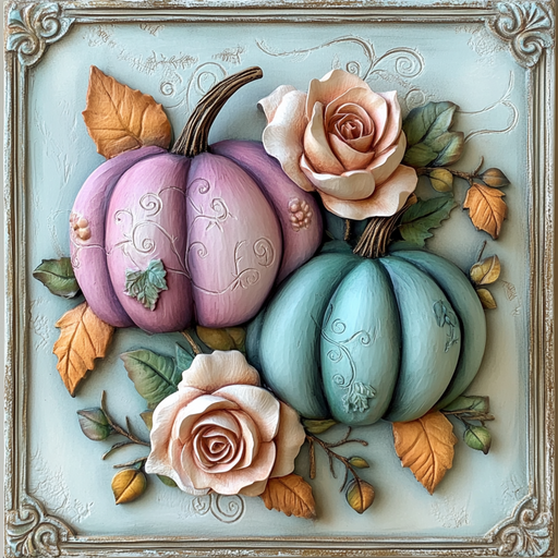 The 10 x 10 Fancy Pastel Pumpkins Fall Sign (TTE-045) showcases pink and blue pumpkins with ornate swirls, cream roses, and golden leaves in a vintage frame—a charming autumn decor accent for your home.