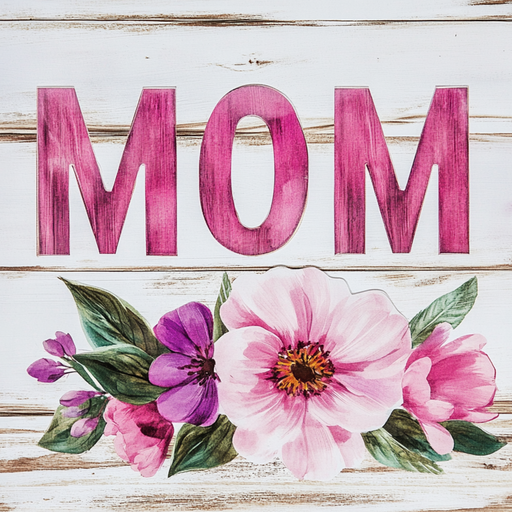 The 10 x 10 Floral Mom Sign TTE-219 features pink and purple watercolor flowers with green leaves below MOM in large pink letters on a whitewashed wooden background.