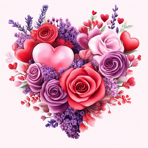 The 10 x 10 Floral Valentine Heart Sign TTE-146 features a heart-shaped bouquet in purple, pink, hot pink, and red with lavender and small hearts, inspired by a classic floral design on a light background.