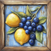 The 10 x 10 Framed Lemon & Blueberries Sign TTE-249 features a textured painting of lemons and blueberries on a rustic blue wooden background, adding artful charm to your home decor.
