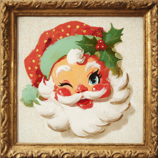 The 10 x 10 Framed Retro Santa Sign (2) TTE-312 showcases a winking, smiling Santa with rosy cheeks, a red and green polka-dot hat, holly accents, and an ornate gold frame for classic holiday charm.