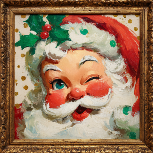 The 10 x 10 Framed Retro Santa Sign TTE-311 features a festive, winking Santa with rosy cheeks and a holly-trimmed red hat in an ornate gold frame—ideal as Christmas decor with its cheerful gold polka dot background.