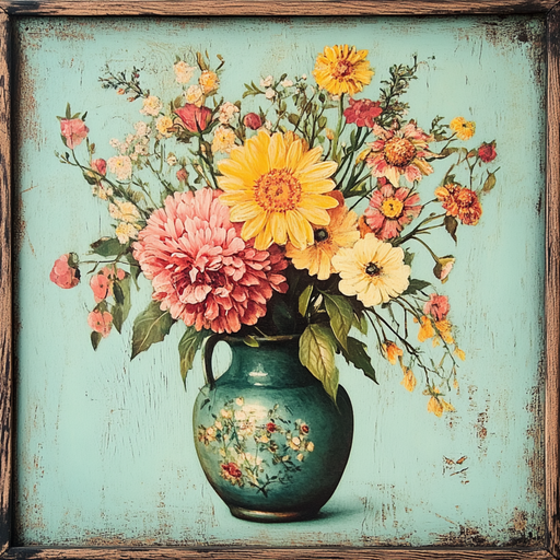 The 10 x 10 Framed Vintage Floral Bouquet Sign TTE-150 features colorful flowers in a green vase with floral patterns on a teal background, showcased in a rustic wooden frame.