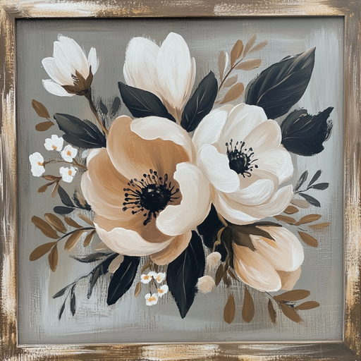 The 10 x 10 Framed Watercolor Florals Sign TTE-091 features a textured gray background with white and beige flowers, dark centers, and green-brown leaves in an elegant gold frame.