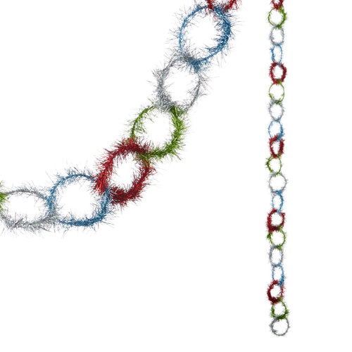 The 6' Tinsel Chain Garland G4106688 features metallic tinsel in red, green, and silver, with each plastic ring varying in size to create a decorative garland that boasts a festive and shiny appearance.