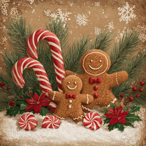 The 10 x 10 Gingerbread Cookies Christmas Sign (TTE-327) features large and small gingerbread cookies, candy canes, peppermints, pine, holly, poinsettias, and snowflakes on a snowy background for festive decor.