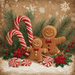 The 10 x 10 Gingerbread Cookies Christmas Sign (TTE-327) features large and small gingerbread cookies, candy canes, peppermints, pine, holly, poinsettias, and snowflakes on a snowy background for festive decor.
