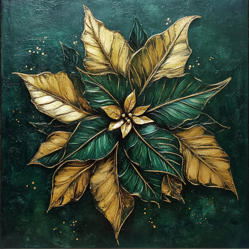The 10\ x 10\ Hunter Green & Gold Poinsettia Sign TTE-061 features a textured gold poinsettia with metallic and deep green foliage on a hunter green backdrop. Golden speckles add elegant visual appeal.