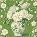 The 10 x 10 Green Chinoiserie Vase Sign TTE-233 features a centerpiece of white peonies and hydrangeas on a floral-patterned green and white background, with the flowers depicted in elegant shades of white and gray for a harmonious design.