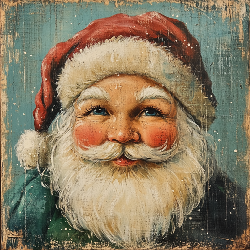 Introducing the 10" x 10" Vintage Classic Santa Sign TTE-032, featuring a charming depiction of Santa Claus with a rosy-cheeked smile and full, fluffy white beard. Sporting his signature red hat with white trim, this piece is elegantly set against a distressed teal background adorned with delicate snowflakes—ideal for enhancing your Santa decor.