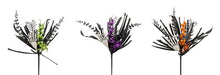 Three black botanical arrangements feature 16L assorted berry leaf picks with skeleton hands, spiders, and leaves in lime on the left, purple in the center, and orange on the right against a white background.