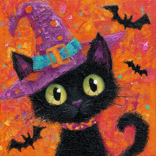 A wide-eyed black cat with a purple witch hat and collar sits on a bright orange background as three black bats fly around, making the 10 x 10 Vibrant Halloween Kitty Sign TTE-303 a whimsical metal sign for the spooky season.