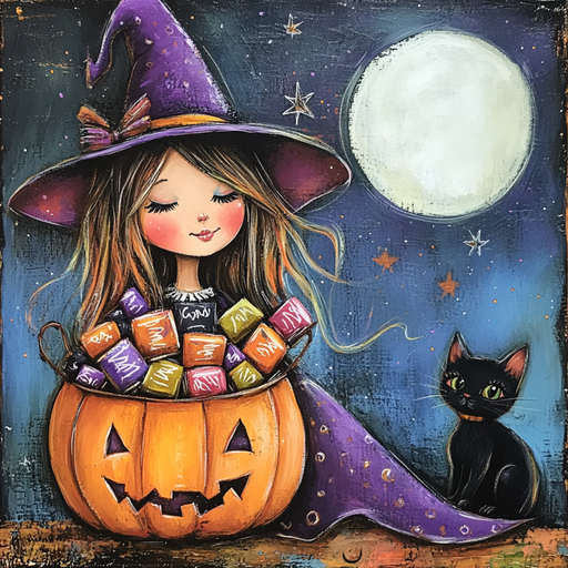 A girl in a purple witch hat sits inside a jack-o’-lantern filled with candy, next to a black cat and a glowing 10 x 10 Sweet Halloween Witch with Candy Sign TTE-307 under the full moon and stars.
