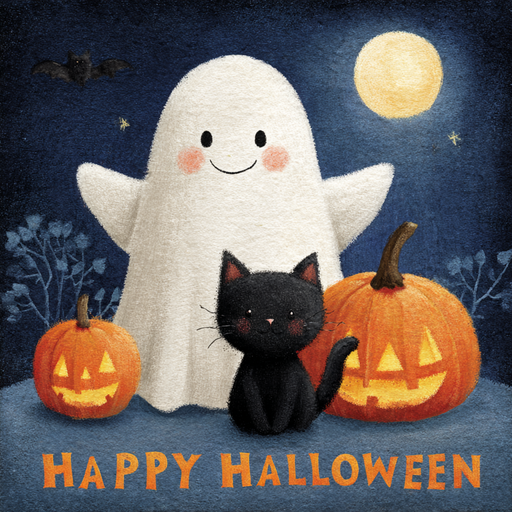 A smiling black cat, cute ghost, and two carved pumpkins sit under a full moon and bat, with Happy Halloween in orange on the 10 x 10 Happy Halloween Pals Sign TTE-310.