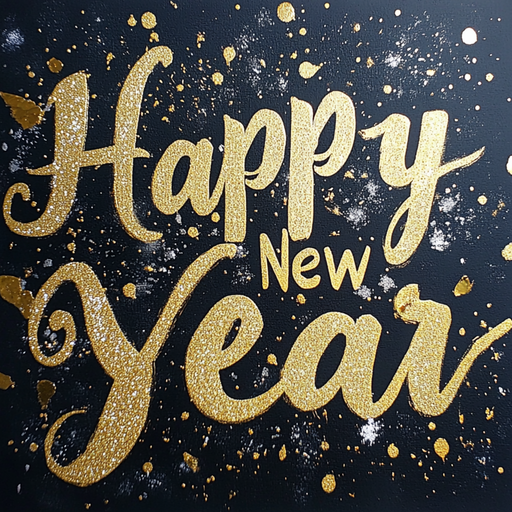 The 10 x 10 Happy New Year Sign TTE-117 features gold glittery text on a black background with gold and white paint splatters, creating a festive Black/Gold/Silver color scheme for your celebration.