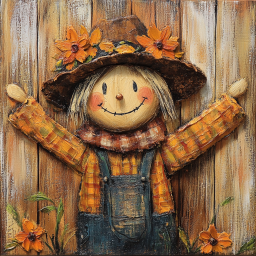 Brighten your space with the 10 x 10 Happy Fall Scarecrow Sign TTE-275, featuring a cheerful scarecrow in plaid and denim by a wooden fence—perfect for charming fall decor or as a festive metal sign for your home.