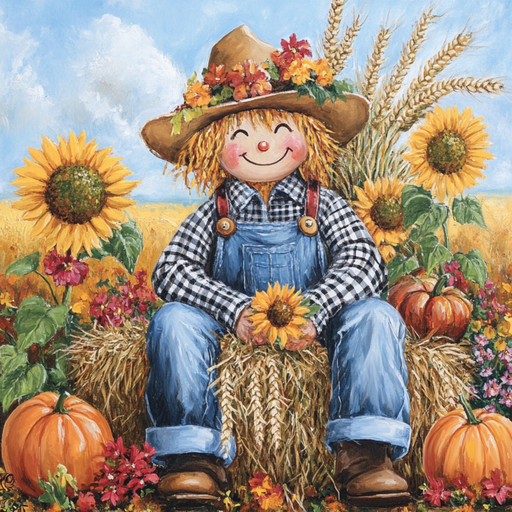Brighten your garden or porch with the 10 x 10 Happy Scarecrow in Field Sign TTE-299, featuring a cheerful scarecrow amid sunflowers, pumpkins, and autumn leaves—a perfect rustic accent for fall outdoor décor.
