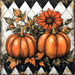 The 10 x 10 Harlequin Pumpkins Sign TTE-291 features two Harlequin pumpkins and autumn flowers with green leaves against a black and white diamond-patterned background, perfect for your seasonal decor or metal sign display.