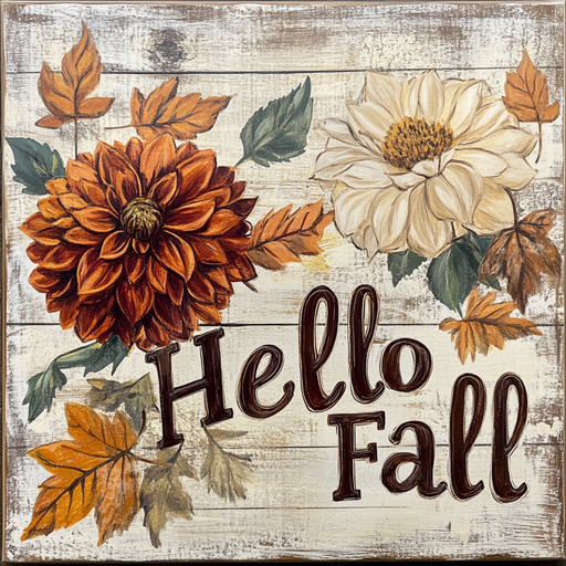 The 10 x 10 Hello Fall Flowers Sign (TTE-063) showcases orange and cream blooms with autumn leaves and bold brown lettering on a distressed white background, perfect for cozy fall home decor.