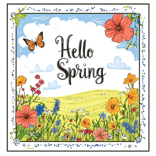 The 10 x 10 Hello Spring with Border Sign (TTE-154) features a cheerful design with colorful wildflowers, a butterfly, and a large orange flower on a sunny landscape under blue skies and clouds.