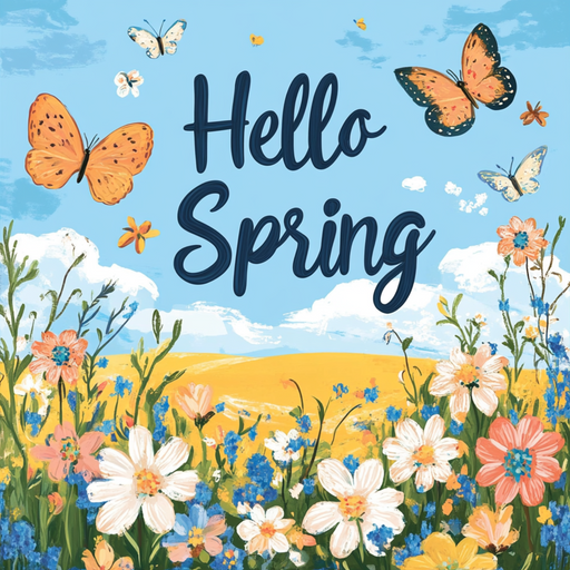 Illustration of a spring landscape with wildflowers, butterflies, and blue sky. Hello Spring in bold letters at the center, inspired by the 10 x 10 Hello Spring Butterflies Sign TTE-155 metal décor.