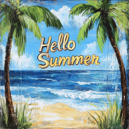 A painted beach scene features two leaning palm trees framing an ocean view with gentle waves on a sandy shore under a blue sky. A 10 x 10 Hello Summer Beach Sign (TTE-248) adds charm to the horizon amidst white clouds.