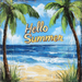 A painted beach scene features two leaning palm trees framing an ocean view with gentle waves on a sandy shore under a blue sky. A 10 x 10 Hello Summer Beach Sign (TTE-248) adds charm to the horizon amidst white clouds.