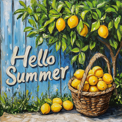A charming rustic scene with a blue wooden fence, lemon-laden branches, and a basket of bright yellow lemons is adorned with the 10\ x 10\ Hello Summer Lemons Sign TTE-244. Lush greenery and scattered lemons enhance the vibrant, summery decor appeal.