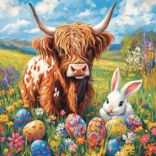 A fluffy highland cow and a white rabbit stand proudly next to the 10 x 10 Highland Cow & Easter Bunny Sign TTE-204, surrounded by colorful Easter eggs in a vibrant field of wildflowers and lush grass under a bright blue sky.