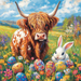 A fluffy highland cow and a white rabbit stand proudly next to the 10 x 10 Highland Cow & Easter Bunny Sign TTE-204, surrounded by colorful Easter eggs in a vibrant field of wildflowers and lush grass under a bright blue sky.