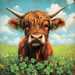 A Highland cow with shaggy red-brown fur and large horns stands in a clover field with two clovers behind its ears under a bright sky—captured perfectly on the 10 x 10 Lucky Highland Cow Sign TTE-147 for unique metal décor.