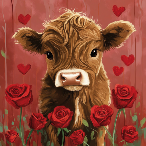 The 10 x 10 Highland Cow with Roses Valentines Sign TTE-112 features a cute, big-eyed illustrated brown calf surrounded by red roses on a pink background with red hearts.