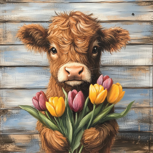 The 10 x 10 Highland Cow with Tulips Sign (TTE-176) depicts a fluffy brown cow holding a colorful bouquet of tulips in purple, yellow, and pink against a weathered blue rustic metal background. Its gentle expression adds a playful and charming touch to any setting.