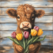 The 10 x 10 Highland Cow with Tulips Sign (TTE-176) depicts a fluffy brown cow holding a colorful bouquet of tulips in purple, yellow, and pink against a weathered blue rustic metal background. Its gentle expression adds a playful and charming touch to any setting.