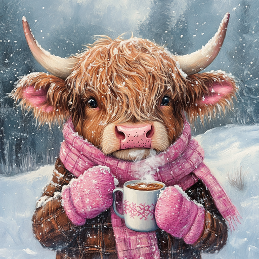 In a charming winter setting, the 10" x 10" Winter Highland Cow with Hot Cocoa Sign TTE-052 is depicted standing amidst a snowy landscape, bundled up in a pink scarf and mittens while holding a steaming mug adorned with snowflake patterns. The accompanying Hot Cocoa Sign enhances the cozy and whimsical atmosphere as snowflakes drift softly around.