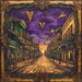 A vintage painting features a Historic Mardi Gras Town Sign (10 x 10, TTE-122) on a deserted city street at sunset, with green balconies, glowing lamps, and golden hearts floating in a dramatic purple sky.