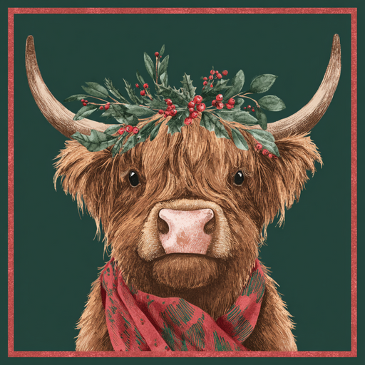 The 10 x 10 Holiday Highland Cow Sign TTE-318 features a long-haired Highland Cow with a red patterned scarf and festive wreath on a dark green background with a red border—perfect for adding holiday charm to your space.