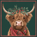 The 10 x 10 Holiday Highland Cow Sign TTE-318 features a long-haired Highland Cow with a red patterned scarf and festive wreath on a dark green background with a red border—perfect for adding holiday charm to your space.