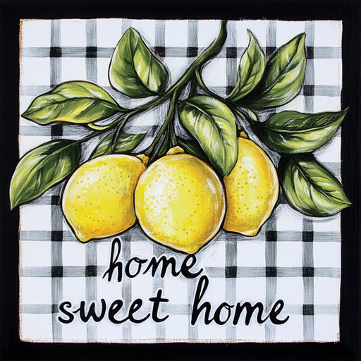 The 10 x 10 Home Sweet Home Lemons Sign TTE-263 charmingly showcases three yellow lemons with green leaves on a black and white plaid background, elegantly scripted with Home Sweet Home to create a hand-painted, rustic vibe.