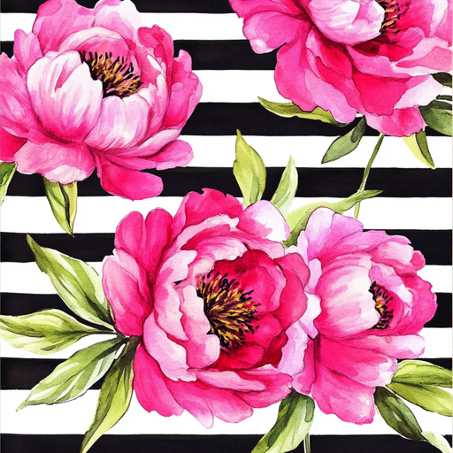 The 10 x 10 Hot Pink Peonies with Black/White Stripe Sign TTE-180 features vivid pink peonies with green leaves on a black and white striped background. The flowers full, layered petals and dark centers create a vibrant contrast, perfect for striking home decor.