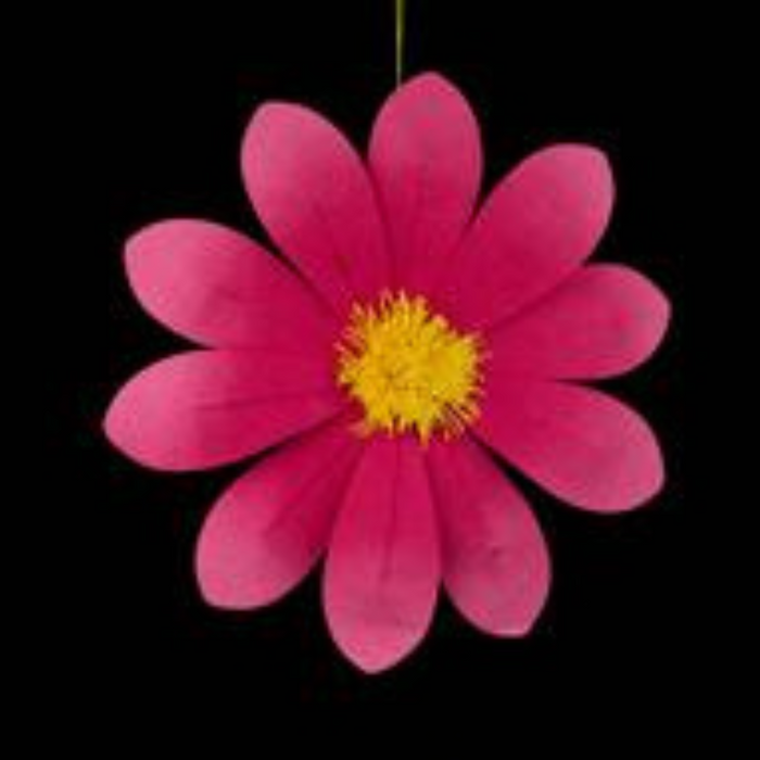 The 15.75DIA Felt Flower (FJ519199) in bright pink with a yellow center features ten rounded petals arranged symmetrically, displayed on a solid black background. Available in 6 assorted colors, its perfect for home decor.