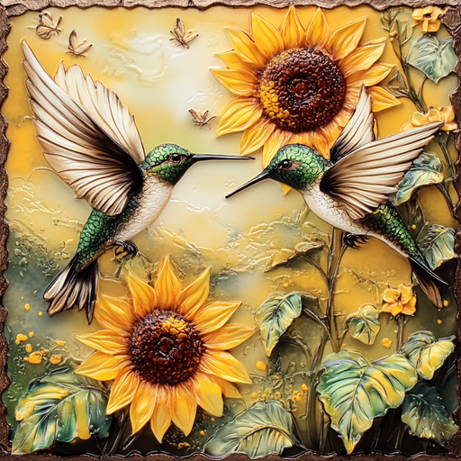 The 10 x 10 Hummingbirds & Sunflowers Sign TTE-068 features two vividly colored hummingbirds with iridescent green feathers and long beaks hovering near large sunflowers, set against a golden backdrop. Small butterflies flutter around, enhancing the vibrant, natural scene.
