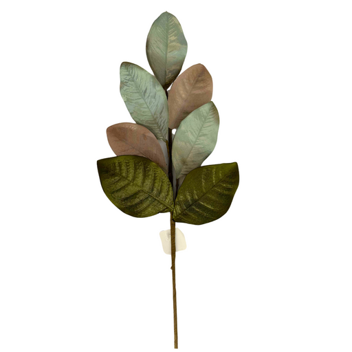 The 23 Metallic Magnolia Leaves Spray ISB63580 features a single stem with ten large champagne green and brown leaves, artfully layered, isolated on a white background.