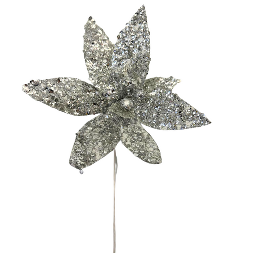 The 25" by 11" Silver Metallic Glitter Poinsettia ISB79673 stands out beautifully against a white background, its petals glistening with a sequin-like sparkle.