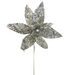 The 25" by 11" Silver Metallic Glitter Poinsettia ISB79673 stands out beautifully against a white background, its petals glistening with a sequin-like sparkle.