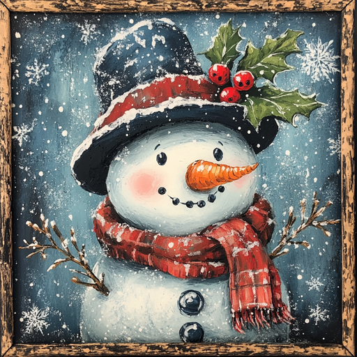 The 10" x 10" Jolly Rustic Snowman Sign TTE-131 features a festive snowman with a black top hat decorated with holly leaves and berries, set against a snowy background. It has a carrot nose, coal eyes and buttons, a red plaid scarf, and twig arms, creating an inviting winter wonderland scene.